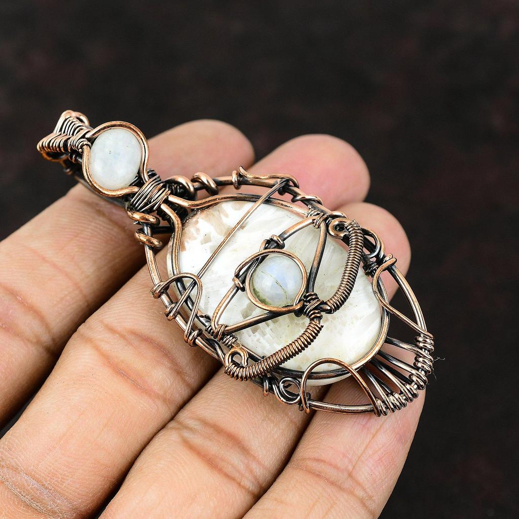 Evil Eye Scolecite Copper Wire Wrapped Gemstone Pendant Scolecite Copper Wire Wrap Jewelry Moonstone Evil Eye Pendant Handmade Pendant Gift