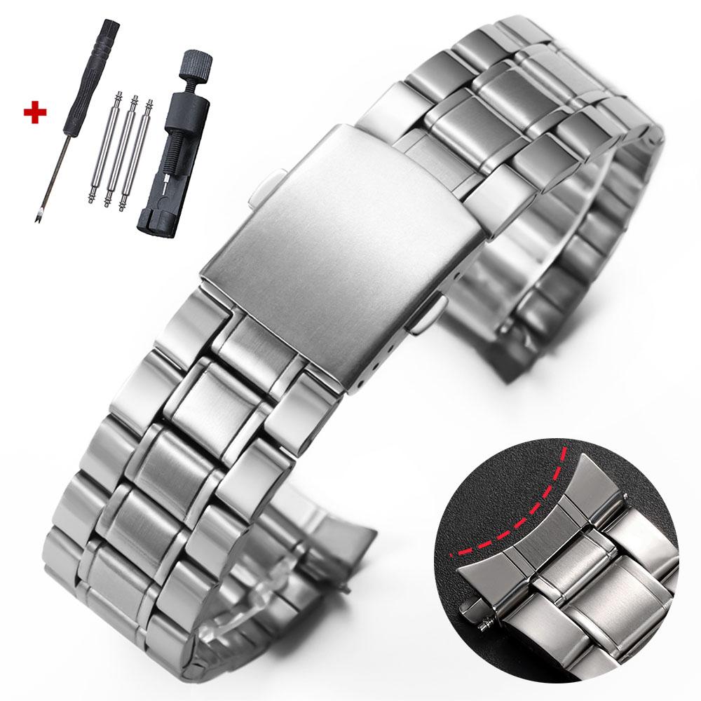 Arc End Stainless Steel Watch Band Universal Strap Folding Safety Buckle Metal Bracelet Straps 20mm 22mm Watch Belt Accessories