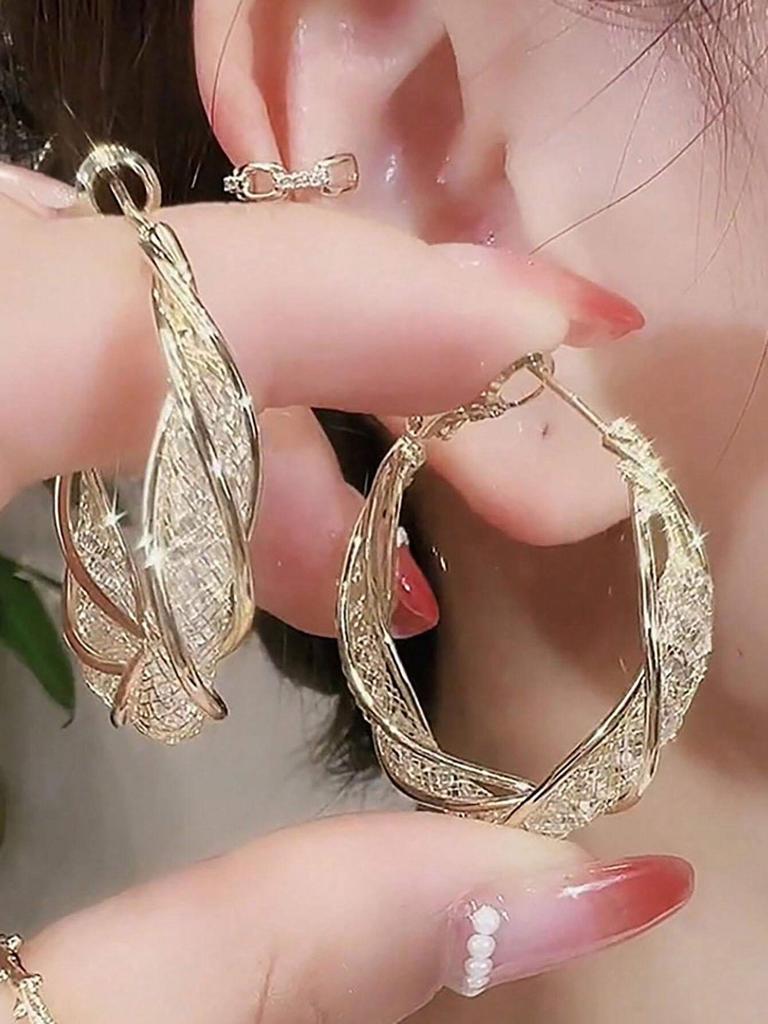 Gorgeous Intertwined Gold Color Hoop Earrings With Intricate Mesh Stylish Style Earrings For Women Party Gift Zircon