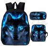 3pcs Animal Lion Wolf Backpack Shoulder Bag Pencil Case Boys Girls Cool Schoolbag Wolf Pattern Students Rucksack Travel Bags Set