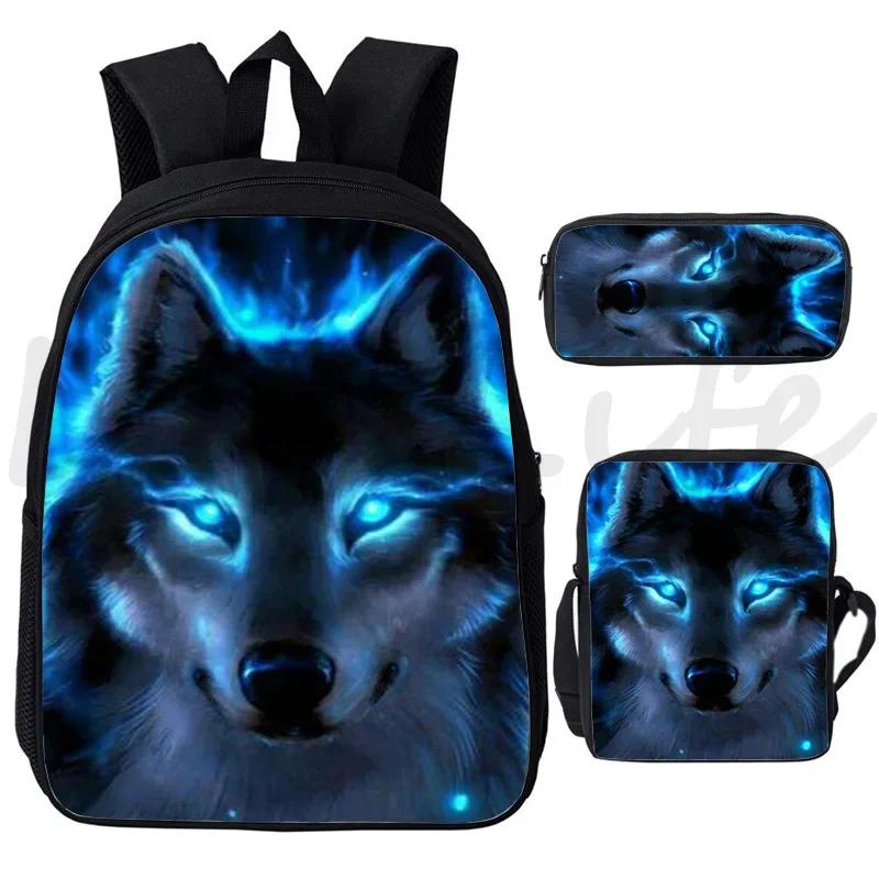 3pcs Animal Lion Wolf Backpack Shoulder Bag Pencil Case Boys Girls Cool Schoolbag Wolf Pattern Students Rucksack Travel Bags Set