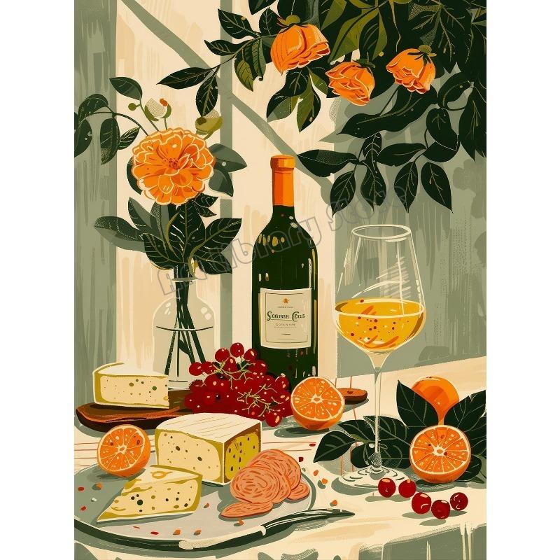 Vintage Wine Barrels and Wine Fountain Dinner Party Food Illustration Poster Canvas Painting Wall Pictures Home Wine Shop Decor