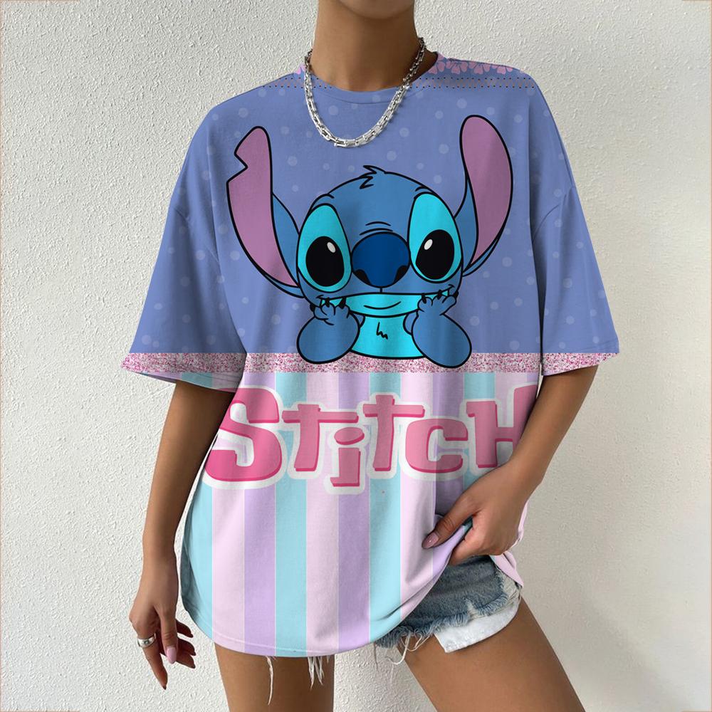 Kawaii koszulka damska Disney Lilo&Stitch casualowa koszulka Y2k z okrągłym dekoltem z krótkim rękawem 2025 letnia odzież damska
