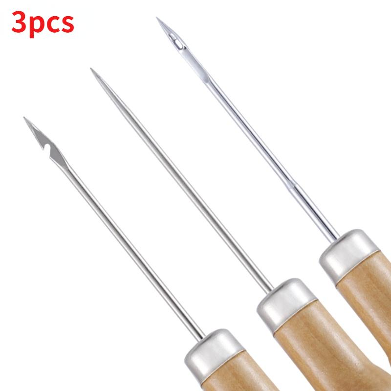 3PCS/SET Wooden Handle Sewing Awl Hand Stitcher Leathe Punch Tool DIY Shoe Repair Hook Tool Leather Accessories