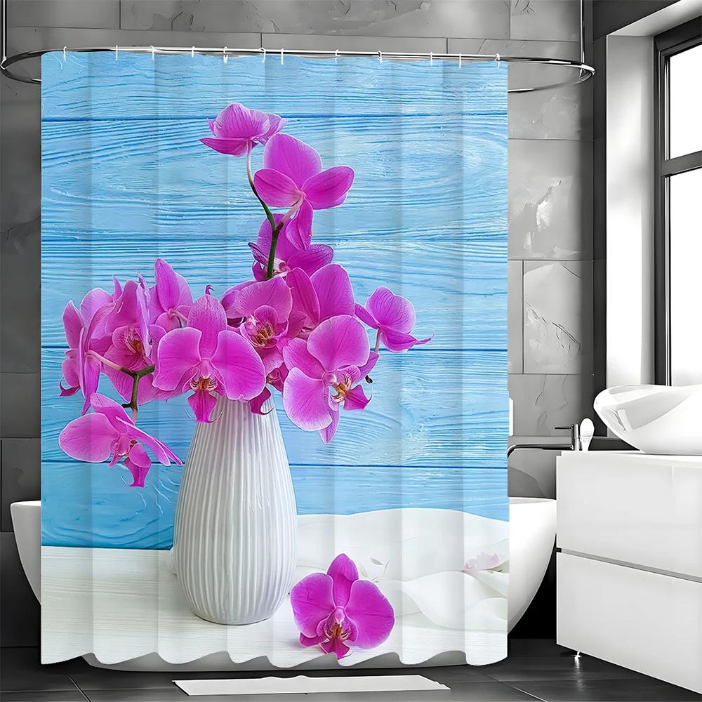 Butterfly Orchid Vase Wooden Shower Curtain, Bathroom Decorative Shower Curtain, Waterproof Shower Curtain with Hooks