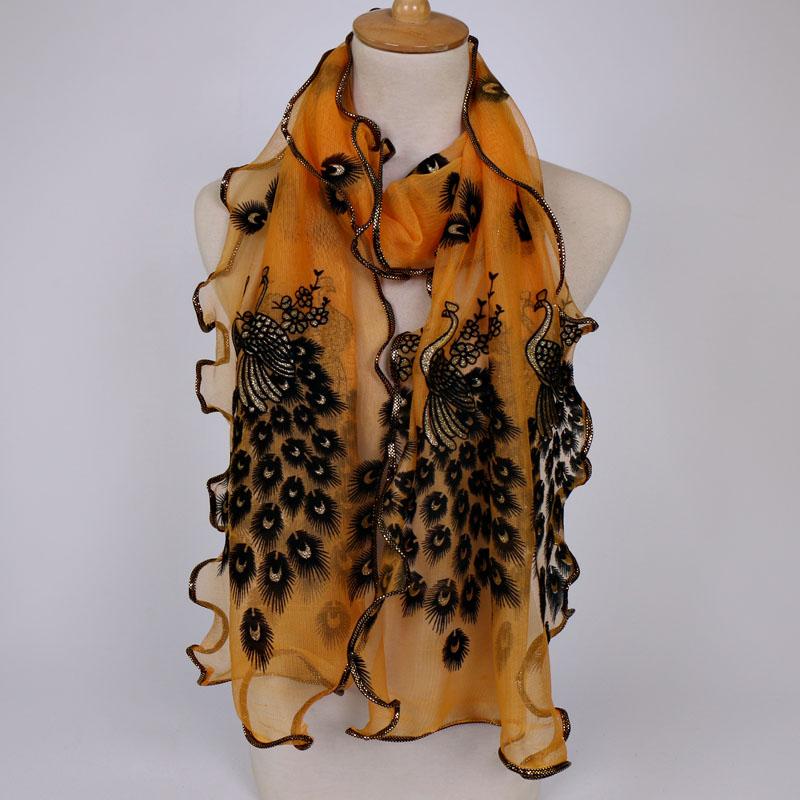 Peacock Embroidery Scarf Shawls Flocking Breathable Cut Scarves Lace Ladies Scarf Sequin Bronzed Scarf Beach Towel 190*40cm