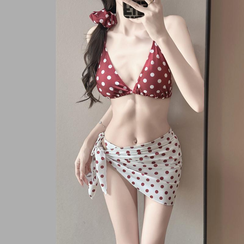 Women's Polka Dot Colorblock Three-Piece Push-Up Bikini Set - Tummy Concealing Swimwear for Slimming Effect at Hot Spring Resorts