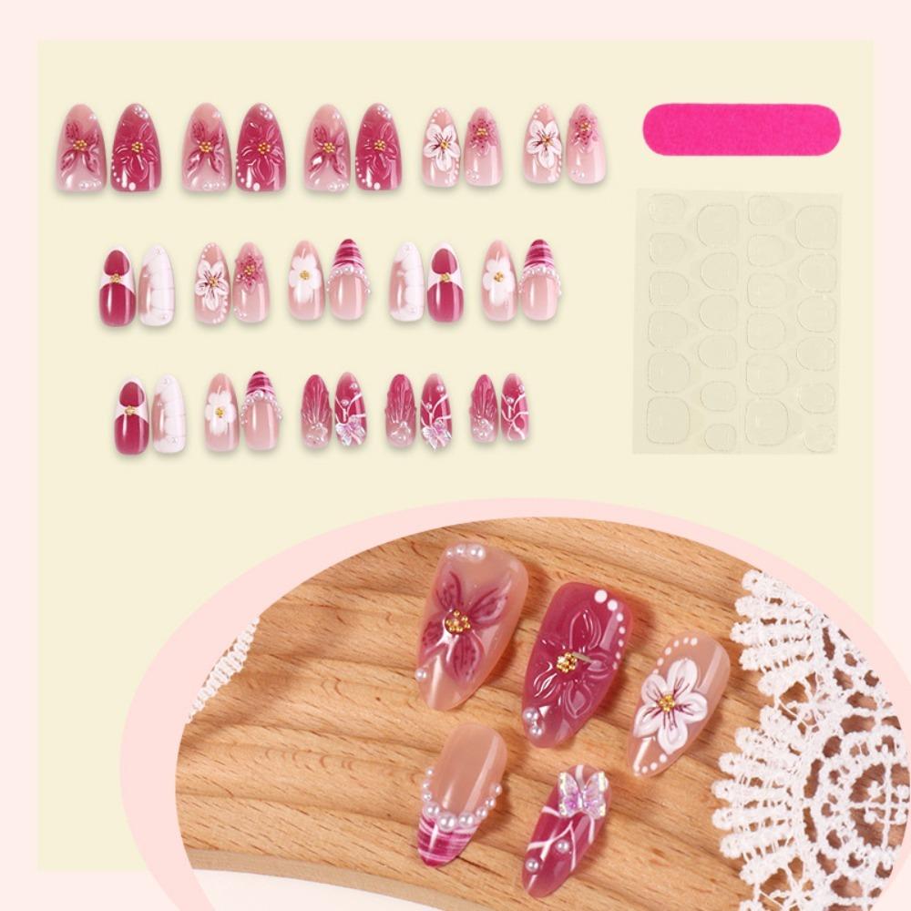 3D Flower Press-on Nails Almond-shaped Exquisite Artificial Nail Tips Reusable Gradient Pink Gel Fake Nails Women and Girls
