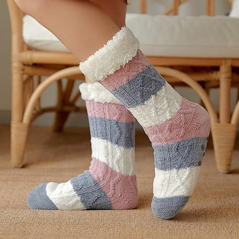 Winter Cotton Socks Plus Thicken Comfortable Stripes Women Socks Mid-calf Sleep Warm Stocking Xmas Gift Home Floor Carpet Socks