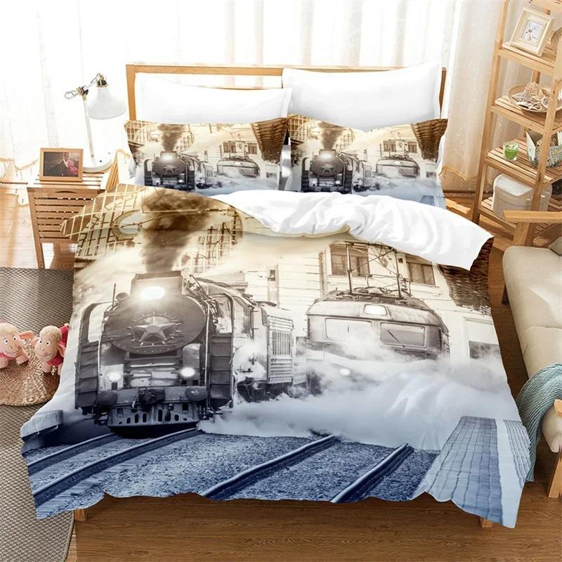 3D Train Steam Engine Bedding Set King Queen Twin Size Duvet Cover Comforter Set for Boys Girls Adults