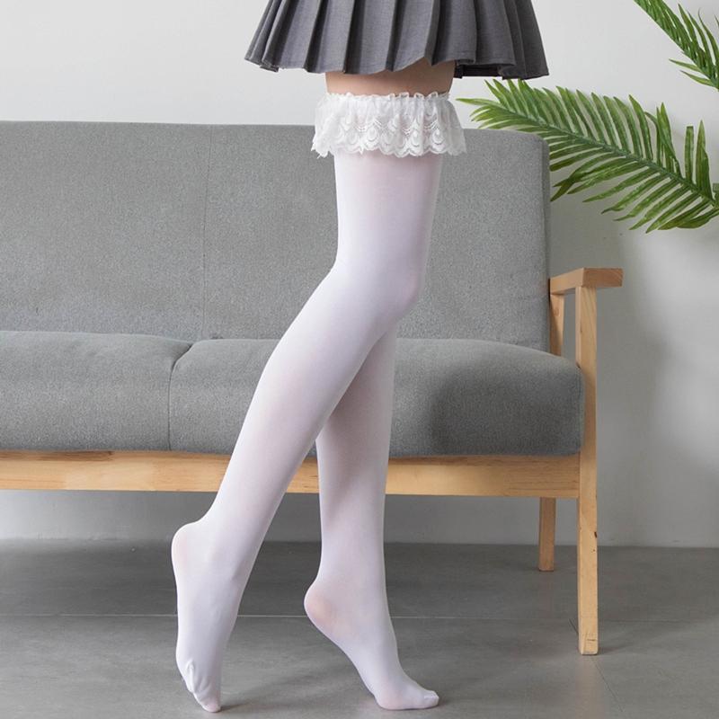 Sexy Solid Color Over The Knee Long Socks Women Thigh High Stockings Japanese Lolita Ruffles Lace Anime Cosplay Hosiery