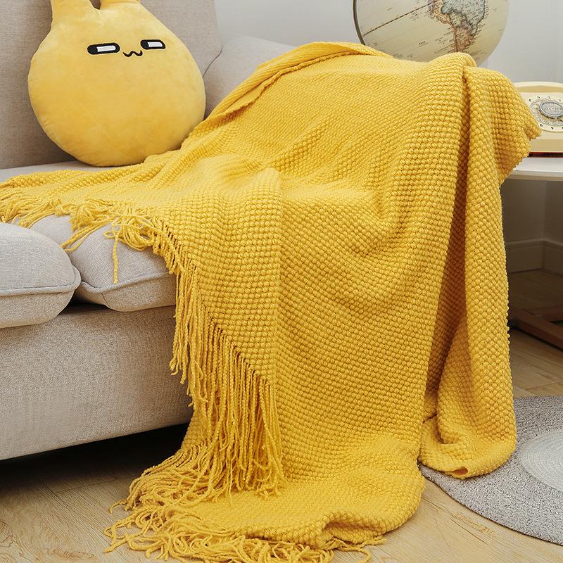 Solid Color Knitted Blanket with Tassels - Decorative Bed, Sofa, or Nap Blanket