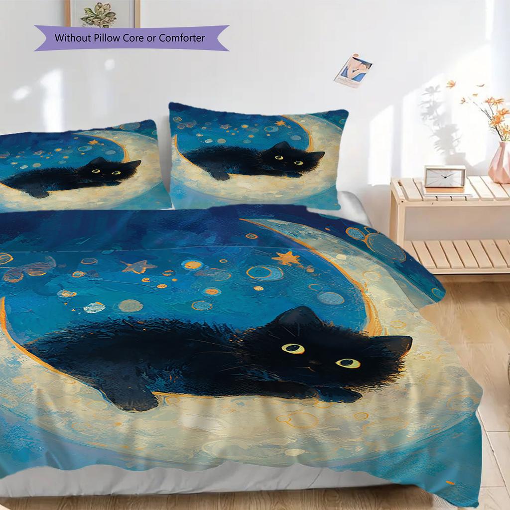 Black Cat Pattern Bedding Quilt Set Quilt Cover Pillowcase Home Decoration Birthday Gift (1 * Duvet Cover + 2 * Pillowcase, Without Core)