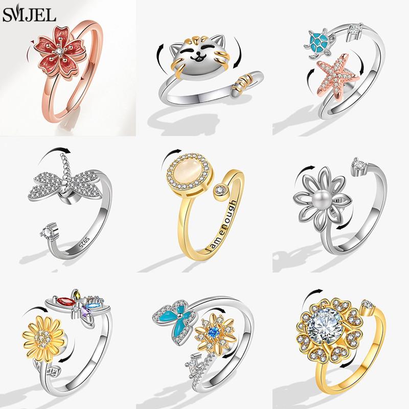 Luxe Anti Stress Angst Ringen Fidget Spinner Ring Verstelbaar voor Vrouwen Schattige Bloem Kat Zeester Ring Vrij Draaiend Sieraden
