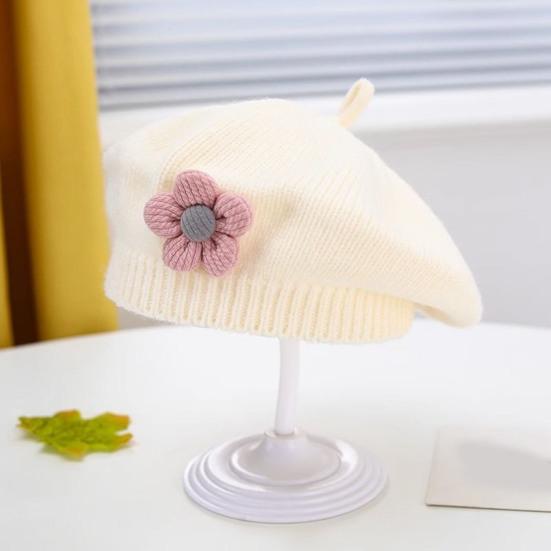 Girls Winter Hat Flower Decor Knitted Elastic Anti-slip Children Painter Cap Photo Prop Daily Outdoor Travel School Shopping Headwear