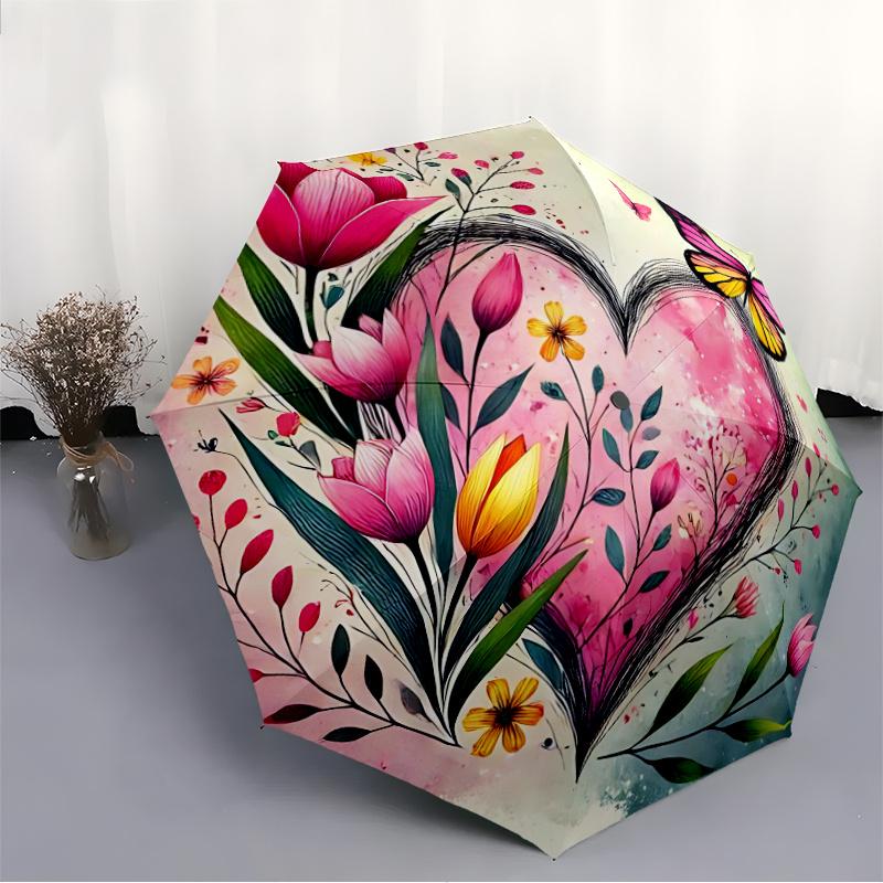 1pc Floral Heart Butterflies Automatic Open/close Umbrella, 8-Rib Sturdy Structure, Auto Folding/Opening, Portable Travel Umbrella for Women, C29