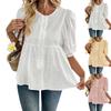 Women Short Sleeve Loose Fit Button Front Blouse Top with Puff Sleeve and Round Neck Casual Tunic Shirt for Daily Wear