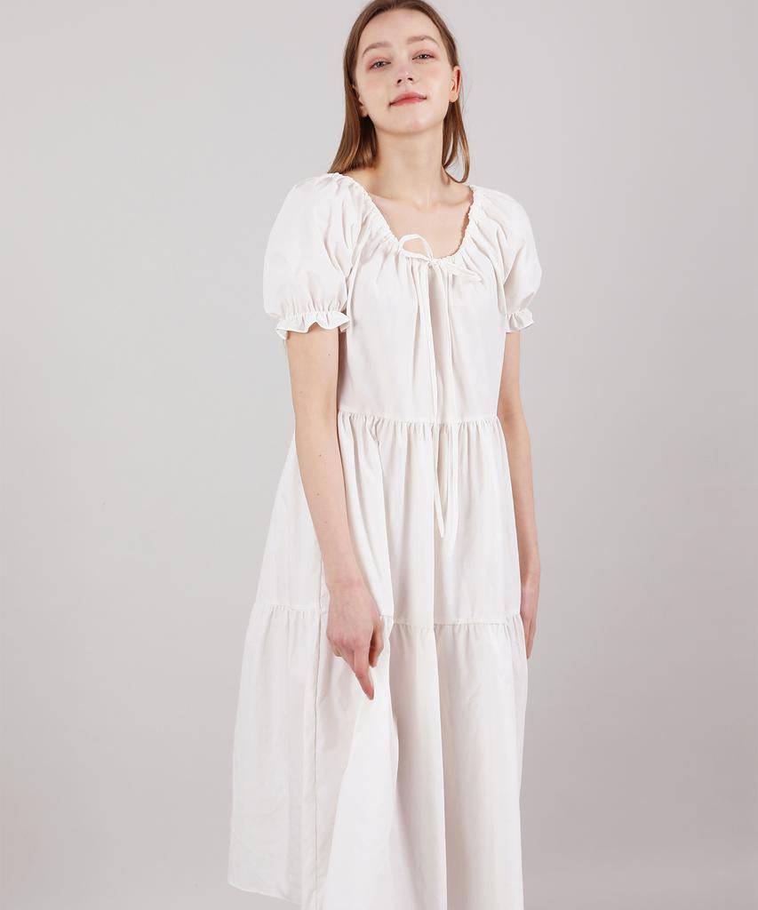CATTLINE Romantic Shirred Long Dress (Ivory)