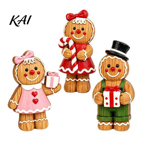 Holiday Gift for Kids Cartoon Gingerbread Wooden Ornament, Double-sided Printed Desktop Tabletop Figurines, Decorative Signs Craft Home And