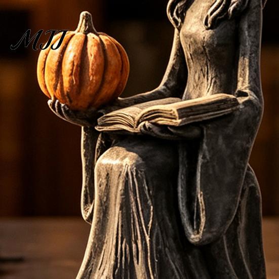 Artistic Resin Crafts Halloween Witch Statue, Gothic Figurine with Pumpkin And Book, Matte Black Themed Gifts Sculpture, Mantel Shelf Desk Decor,