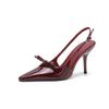 2025 Summer NewFrench Wine Red Pointed Patent Leather Bow Mid-heel Overhead Sandals for Women Retro Skinny Heel Back Empty Shoes