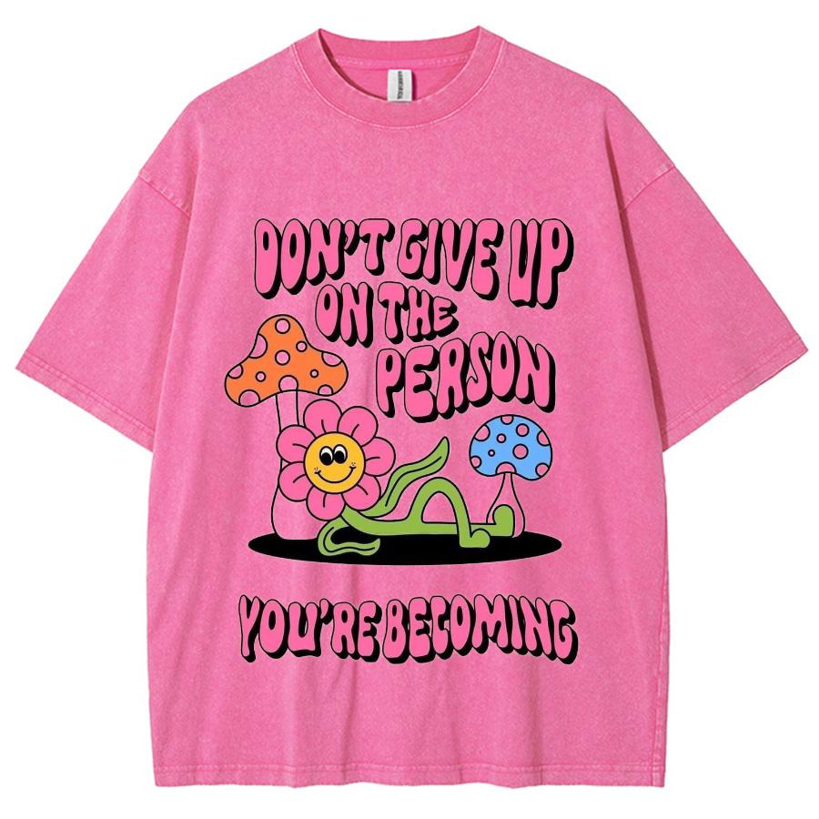 Personality Street Style Flower Mushroom Print Women's T-Shirt Oversized Unisex Couple Half Sleeve Vintage Distressed Top