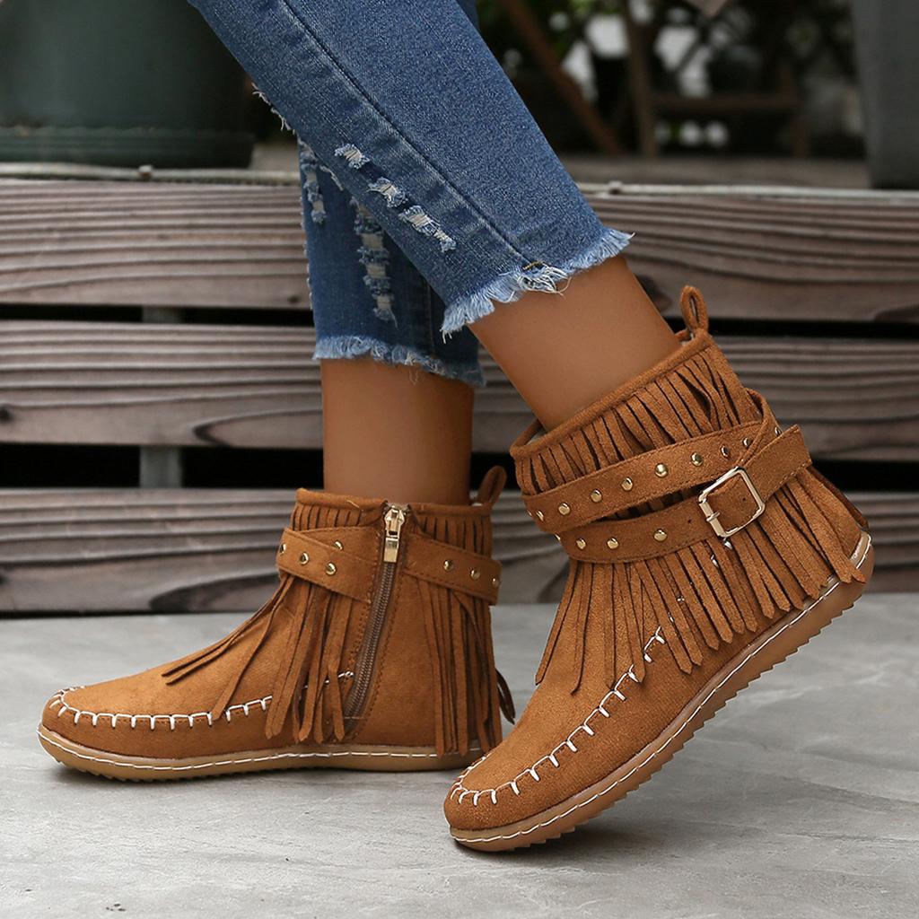 Mode Frühling Herbst Schuhe für Damen Böhmischer Stil Quasten Stiefeletten Damen Retro Wildlederimitat Schnallenriemen Damenstiefel Botas De Mujer