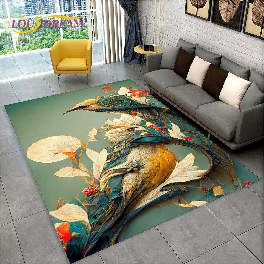 Exquisite Bird Flower Animal 3D Area Rug,Carpet Rug for Home Living Room Bedroom Sofa Doormat Kitchen Decor,Non-slip Floor Mat