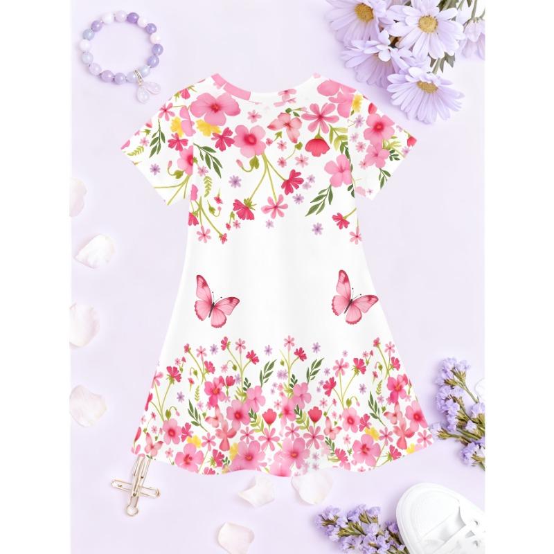 3D Print Butterfly Pattern Faux Denim Short Sleeve Dress for Girls | Casual Crew Neck, Regular Fit, Slight Stretch Fabric, Perfect for Spring/Summer