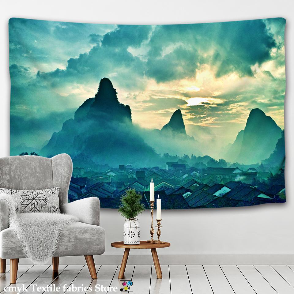 Live-Foto Klarer Berg und grünes Wasser Große Landschaft Bedruckter Wandteppich Psychedelischer Wandbehang Böhmische Wandkunst Wohndekor