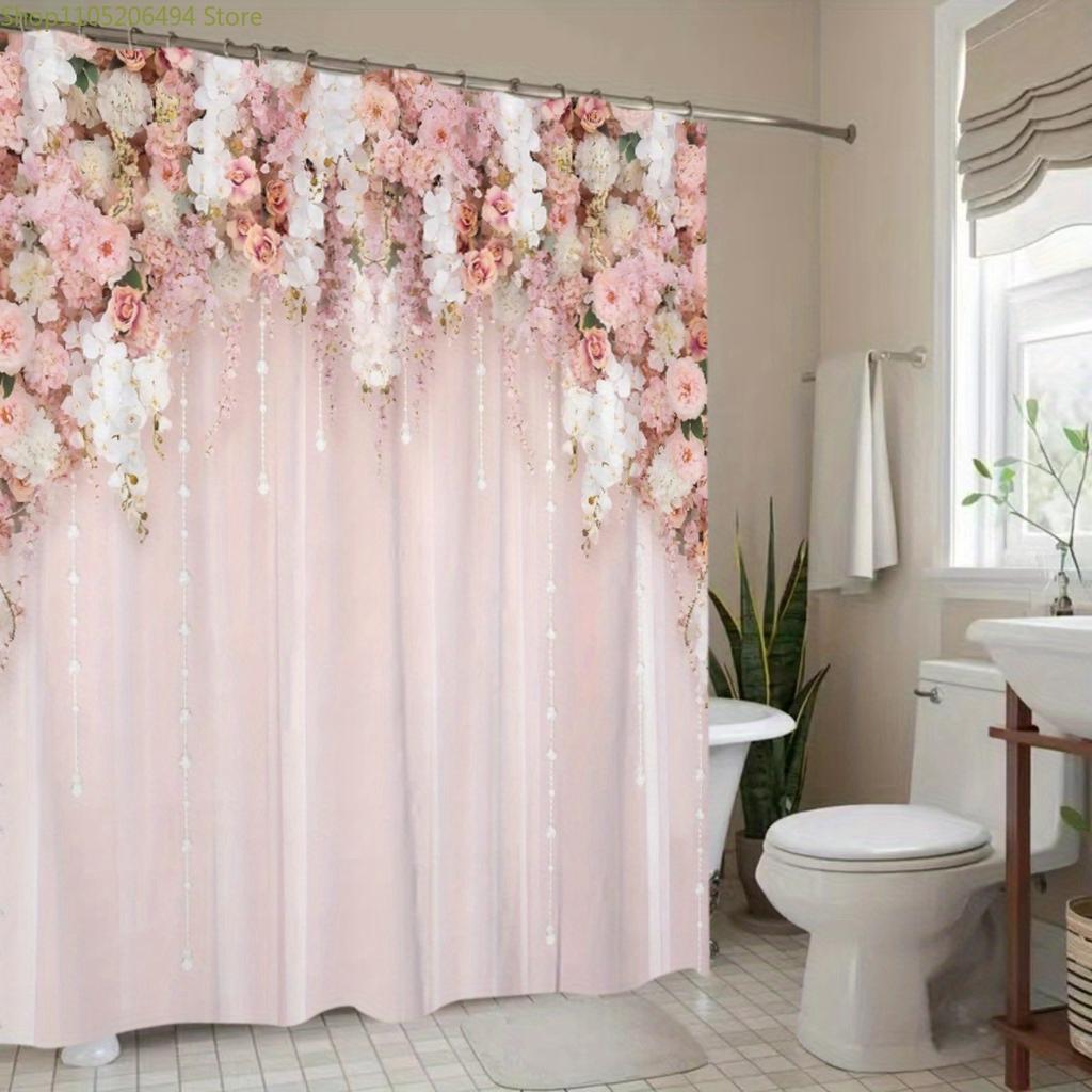 1pc Elegant Pink Floral Shower Curtain with Hooks - Machine Washable Fabric Bath Curtain Suitable for Modern Bathrooms, Romant