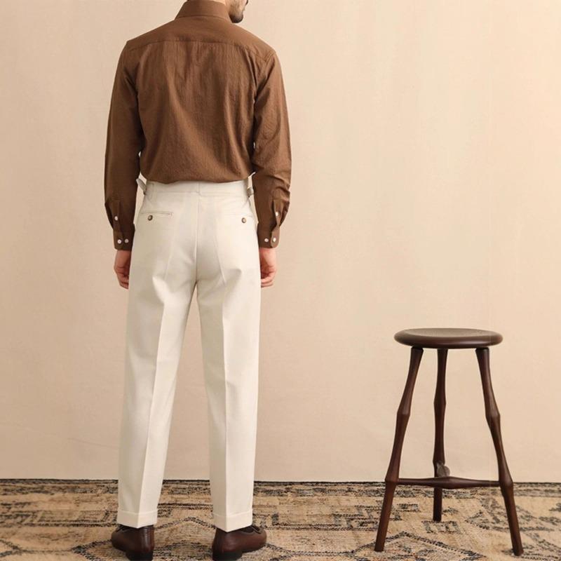 Mens High Waist Loose Straight Naples Paris Buckle Business Casual Suit Trousers
