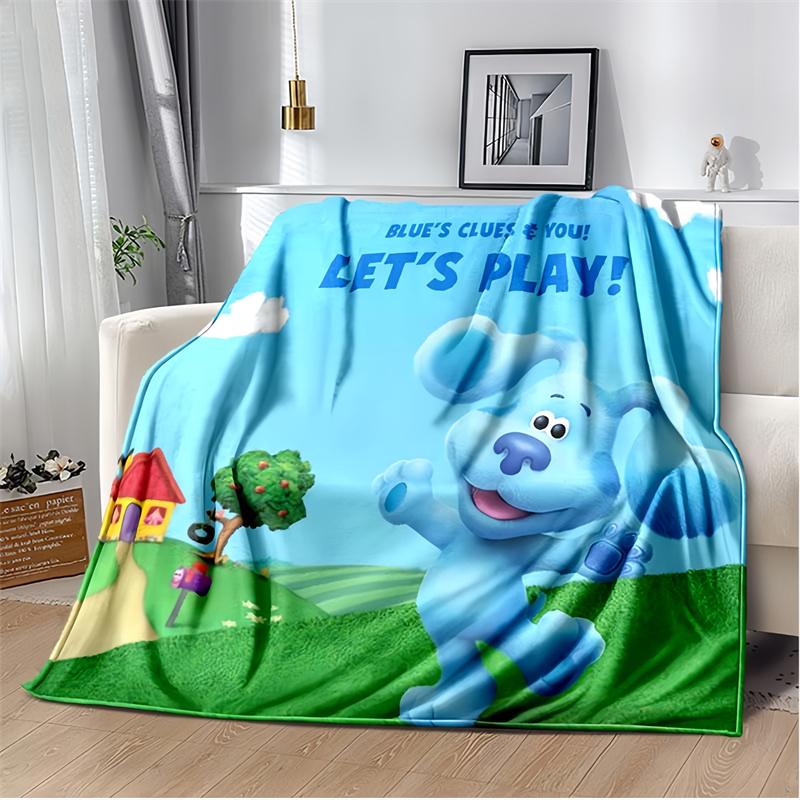 Blue Puppy In Green Nature Print Flannel Blanket, Kids Cartoon Dog Throw Blanket