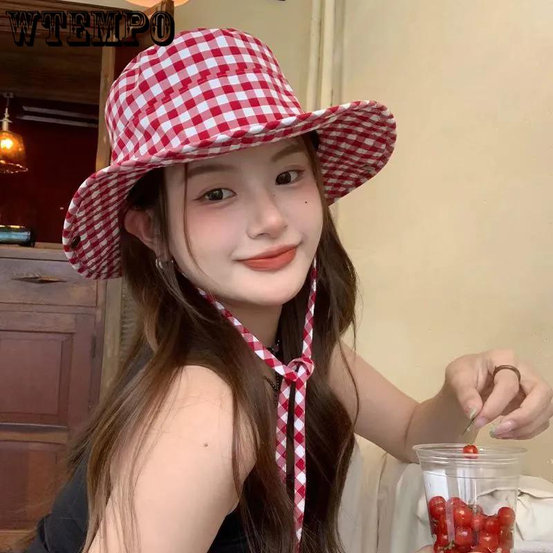 WTEMPO Elegant Plaid Pattern Casual Versatile Sun Hats with Windproof Rope Women's Summer Wide Brim Outdoor Hats