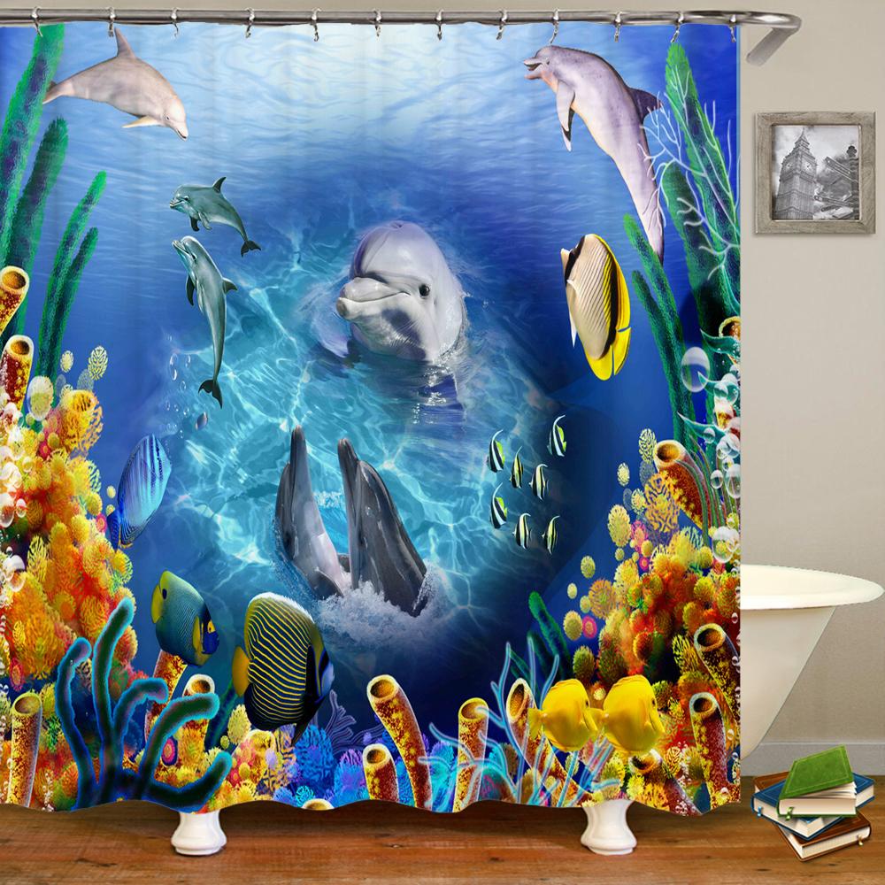 Cartoon Dolphin Shower Curtain Waterproof Home Decoration Curtain Ocean Sea Beach Landscape Printed Bathroom Curtain With Hooks