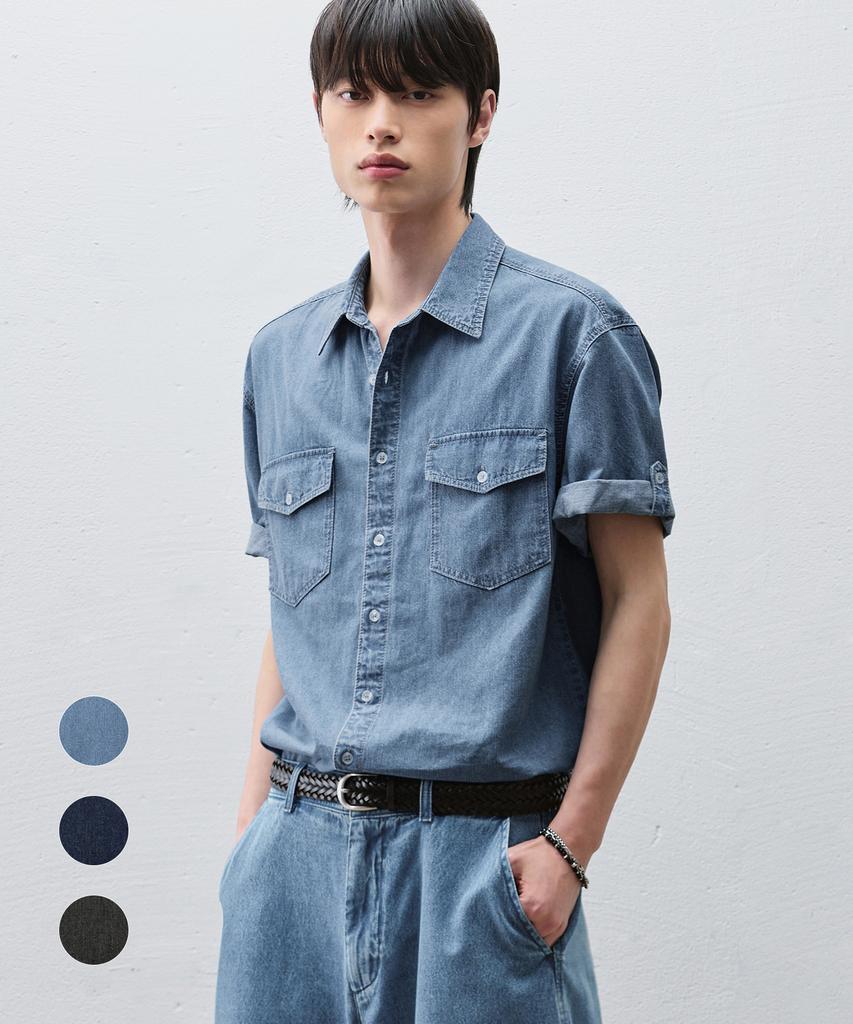 DRAW FIT [Genflox X Drawfit] Linen Denim Roll-Up Shirt [3 Colors]