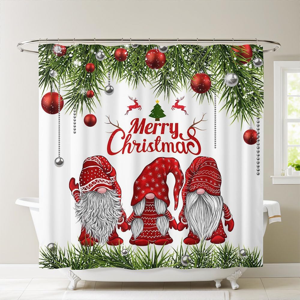 Weihnachtswichtel Duschvorhang-Set mit rotem Weihnachtskugel-Muster, Winter-Bauernhaus Wasserdichte Badezimmerdekoration für die Feiertags-Badewanne