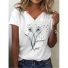 2025 New Women T-Shirt Simple Flower Print Plus Size Tee Summer Women's Clothing Designer Short Sleeve Women V-Neck