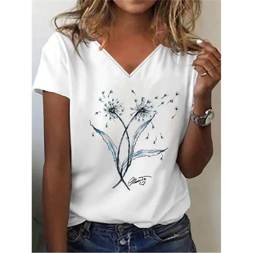 2025 New Women T-Shirt Simple Flower Print Plus Size Tee Summer Women's Clothing Designer Short Sleeve Women V-Neck