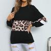 Women Mid Length Leopard Print Spliced Sweater Long Sleeve Casual Top Autumn Fashion