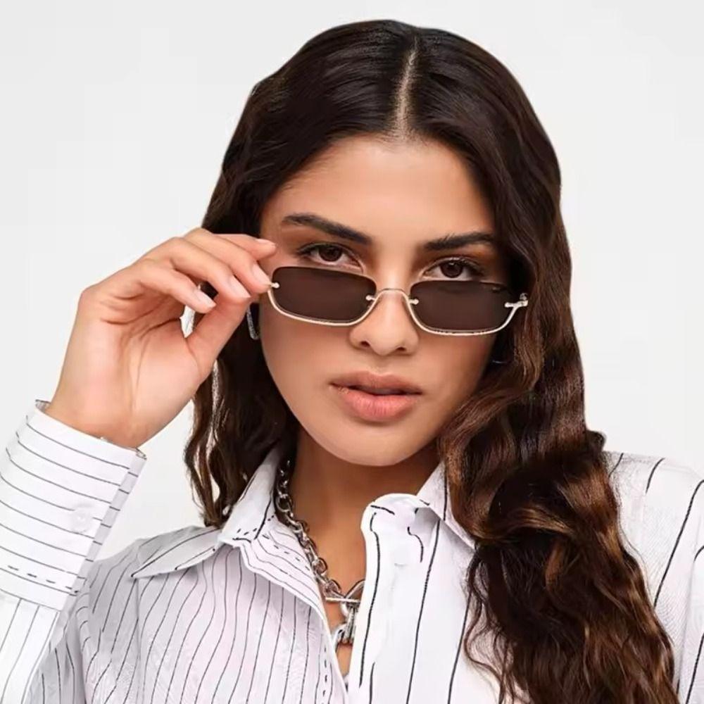 Small Square Sunglasses Metal Half Frame Shades Eyewear Vintage Sun Glasses Selfie