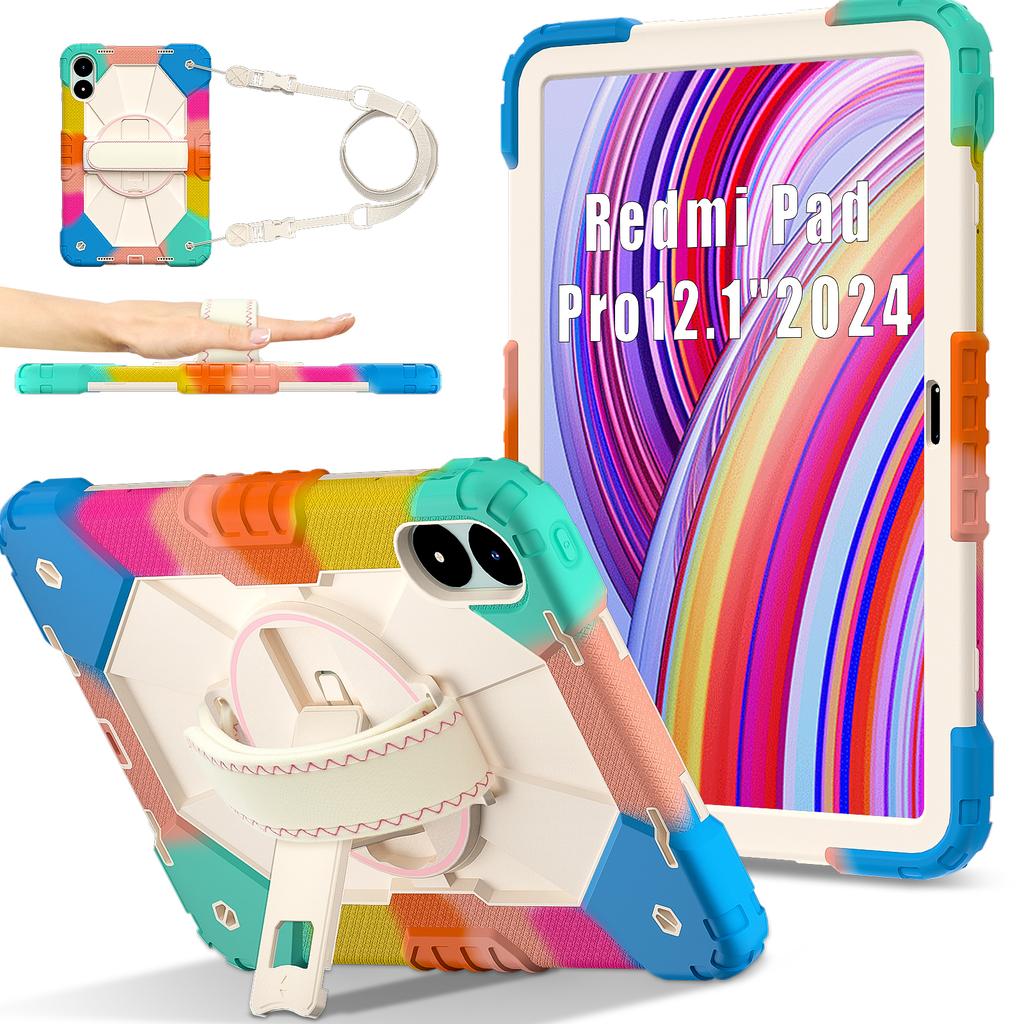 Kickstand Armor Case Universal for Xiaomi Poco Pad Redmi Pad Pro 2024 12.1inch 360 Rotating Heavy Duty Cover with Shoulder Strap