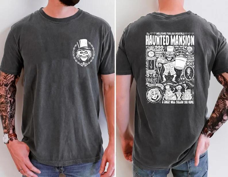 New Apparel Vintage Haunted Mansion Two-Sided Stretching Room Shirt, Haunted Man Unisex T-Shirt