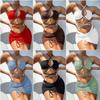 2021 Women's Solid Color Sexy Bandage Ruched Three-Piece Bikini Swimsuit