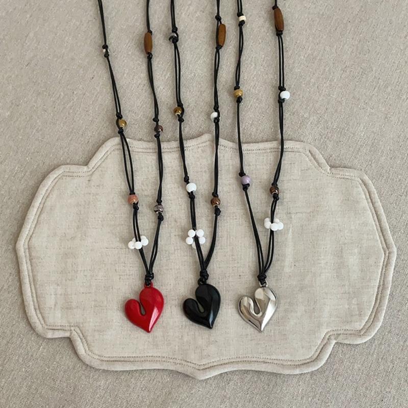 Irregular Love Heart Flower Beaded Pendant Necklace Adjustable Length Neckchain For Women Enamel Craft Jewelry