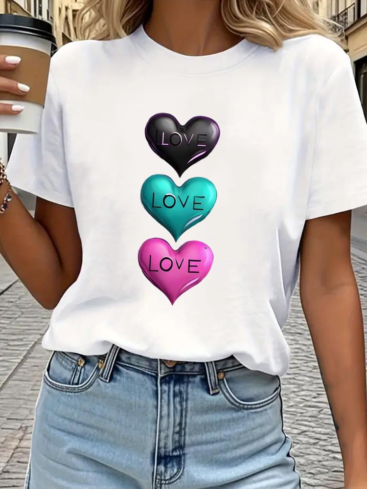 (Asian Size) Tee Top Print Sweet Love Style Cute Women Woman Fashion Clothing Short Sleeve T Shirt  Female Graphic T-shirts