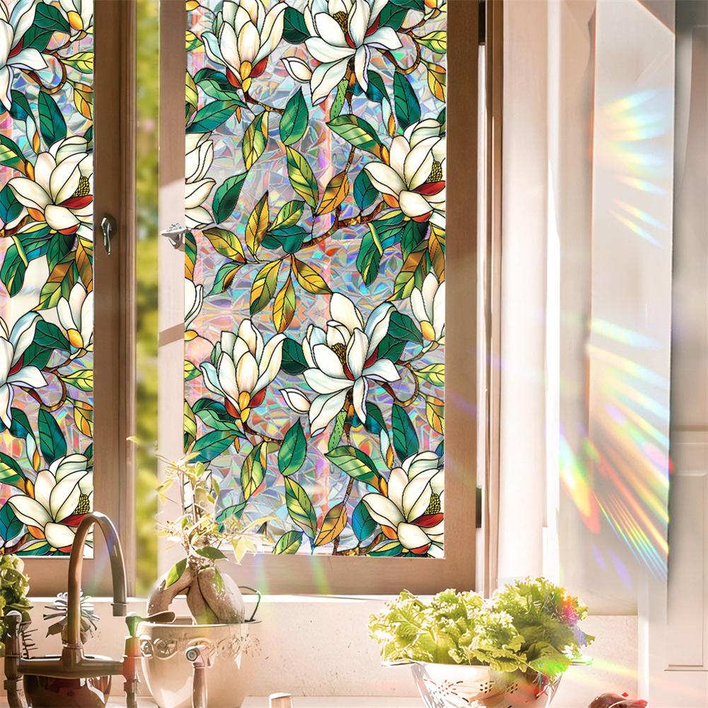 Static Cling Decor Window Film Vivid Plant Flower Stained Glass Window Decals Sticker Sunscreen Window Clings For Room Kitchen