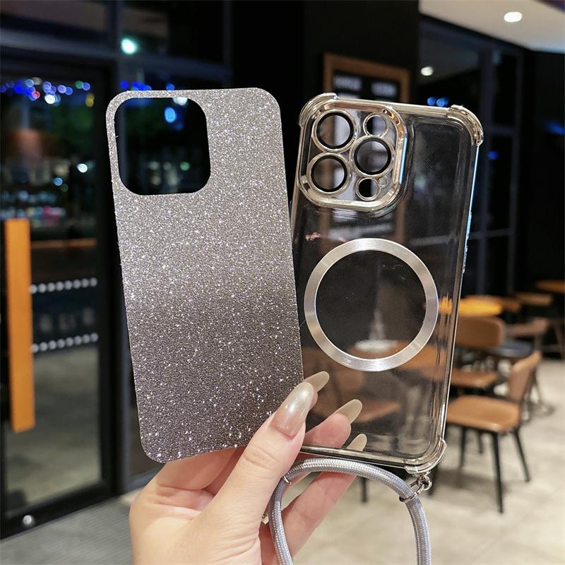 Capa de Telefone Magnética Para Redmi Note 14 14 Pro Plus 14S Luxuosa Brilhante Transparente com Cordão para Pendurar no Pescoço Capas Traseiras à Prova de Choque Funda