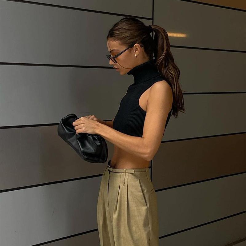 Y2k Black Knitting Turtleneck Crop Top Women Sexy Irregularity Skinny Elasticity Tank Top Fashion Club Top Streetwear