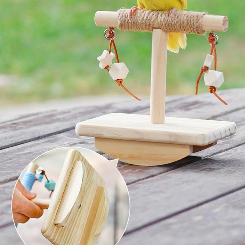 Natural Wood Bird Rocking Perch Stand Toy With Hanging Block For Exercise And Entertainment Parrots Indoor Enriching Toy